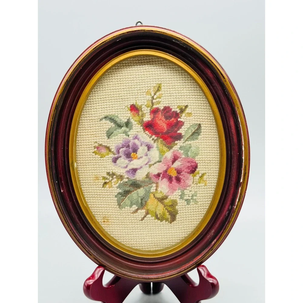 Vintage Needlepoint Floral Art Oval Wood Frame Wall Decor